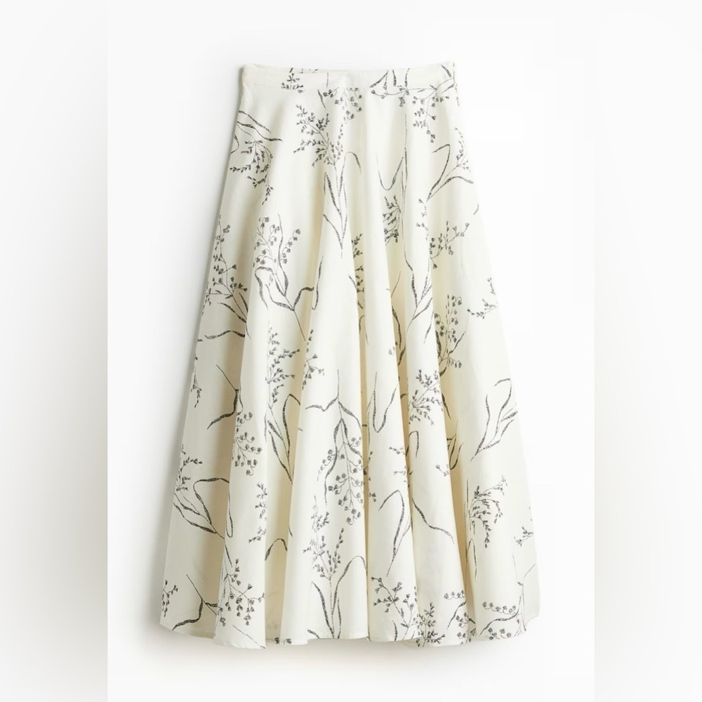 H & M linen blend black and white floral midi circular skirt - Picture 8 of 13